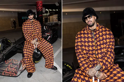 Miles Chamley-Watson in a patterned jacket and matching pants at F1 Las Vegas