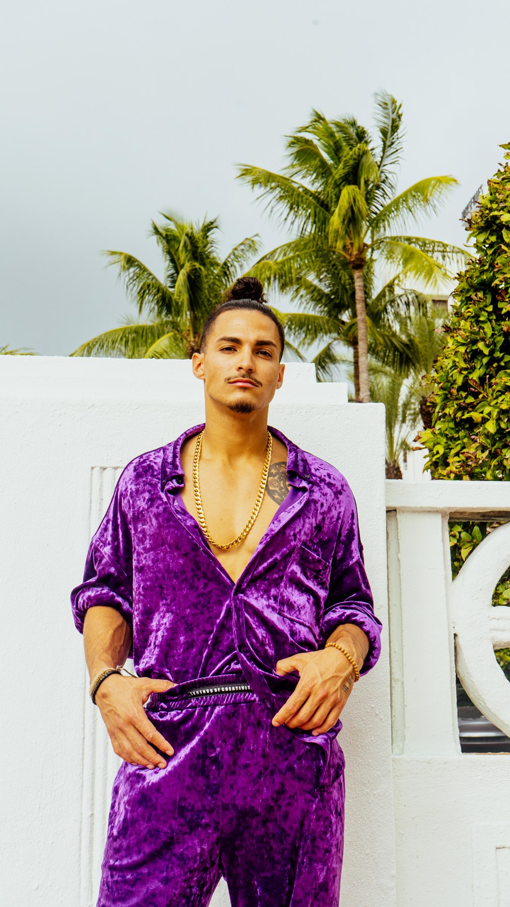 Miami portrait showing the purple velvet shirt detail