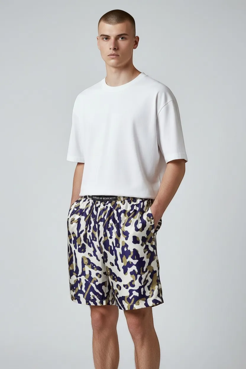 Legends of Creativity men's abstract animal print silk boxer shorts in navy, white, and gold. Relaxed fit with elastic waistband.